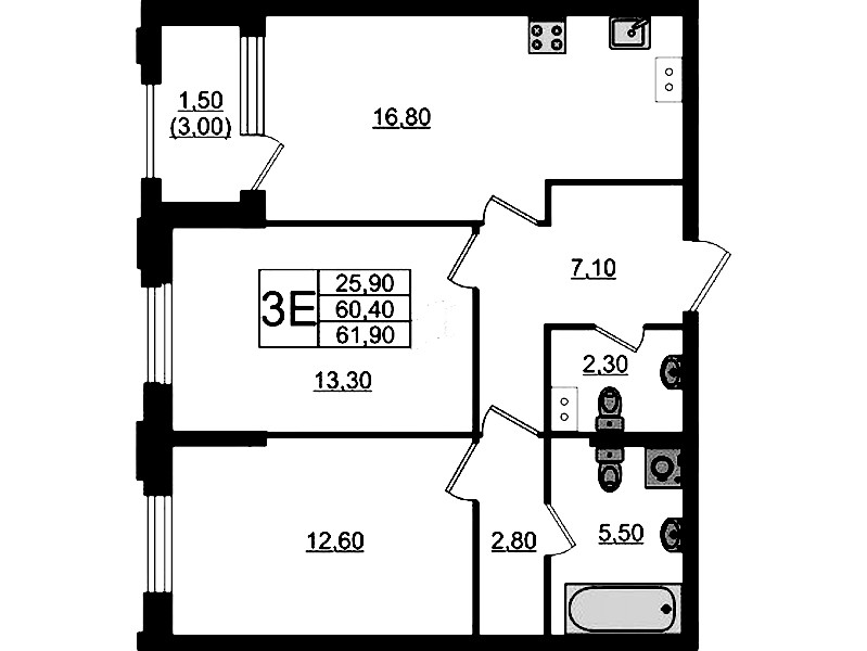 2-комнатная квартира 61.9 м², 10/13 эт., ЖК «Тайм Сквер»